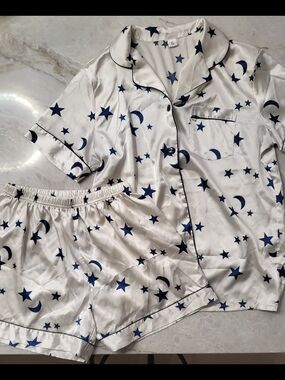 Silky Star & Moon Pajama Set - White with Navy Print